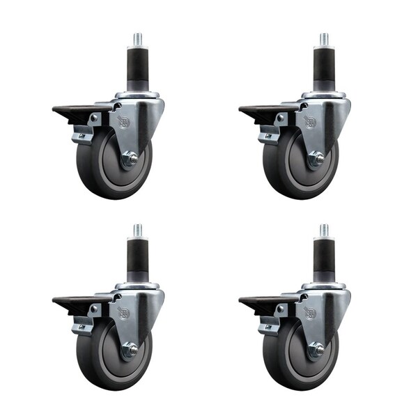 4'' Thermoplastic Rubber Swivel 1-1/4'' Expanding Stem Caster Set with Brake, 4PK